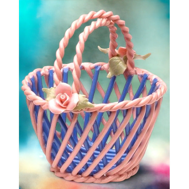 Ceramic Small Blue and Pink Woven Basket with Pink Rose FlowersHome Dcor, Image 2