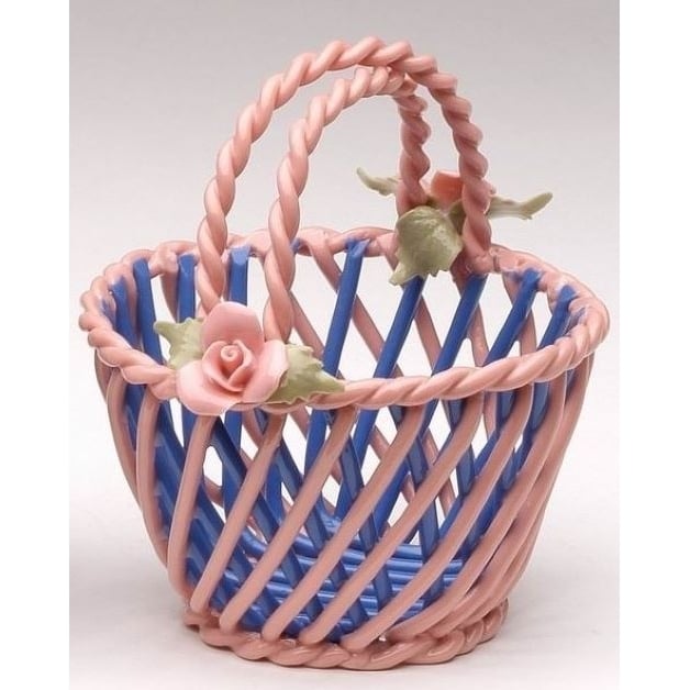 Kevins Gift Shoppe Ceramic Small Blue and Pink Woven Decorative Basket Image 3