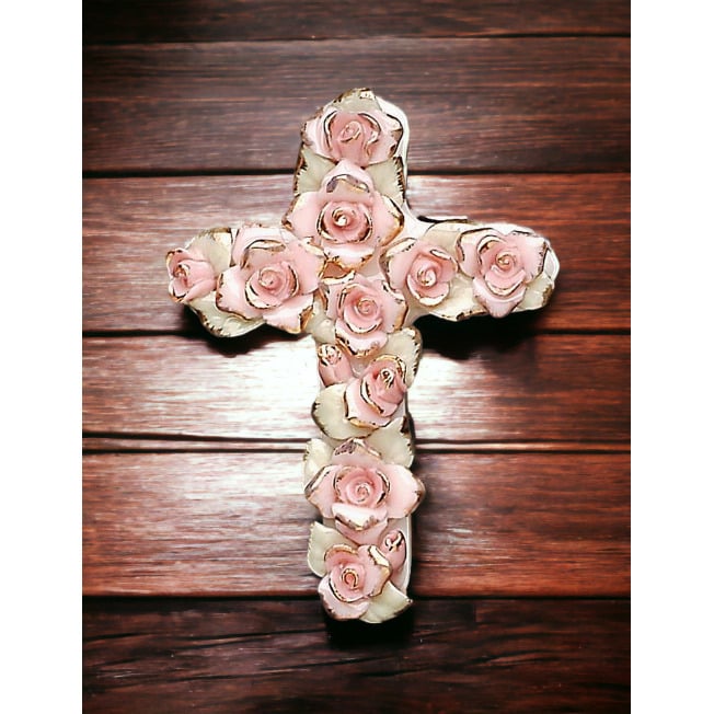 Ceramic Pink Roses Cross Pendant 1 3/4" x 2 1/2" Gift Image 1