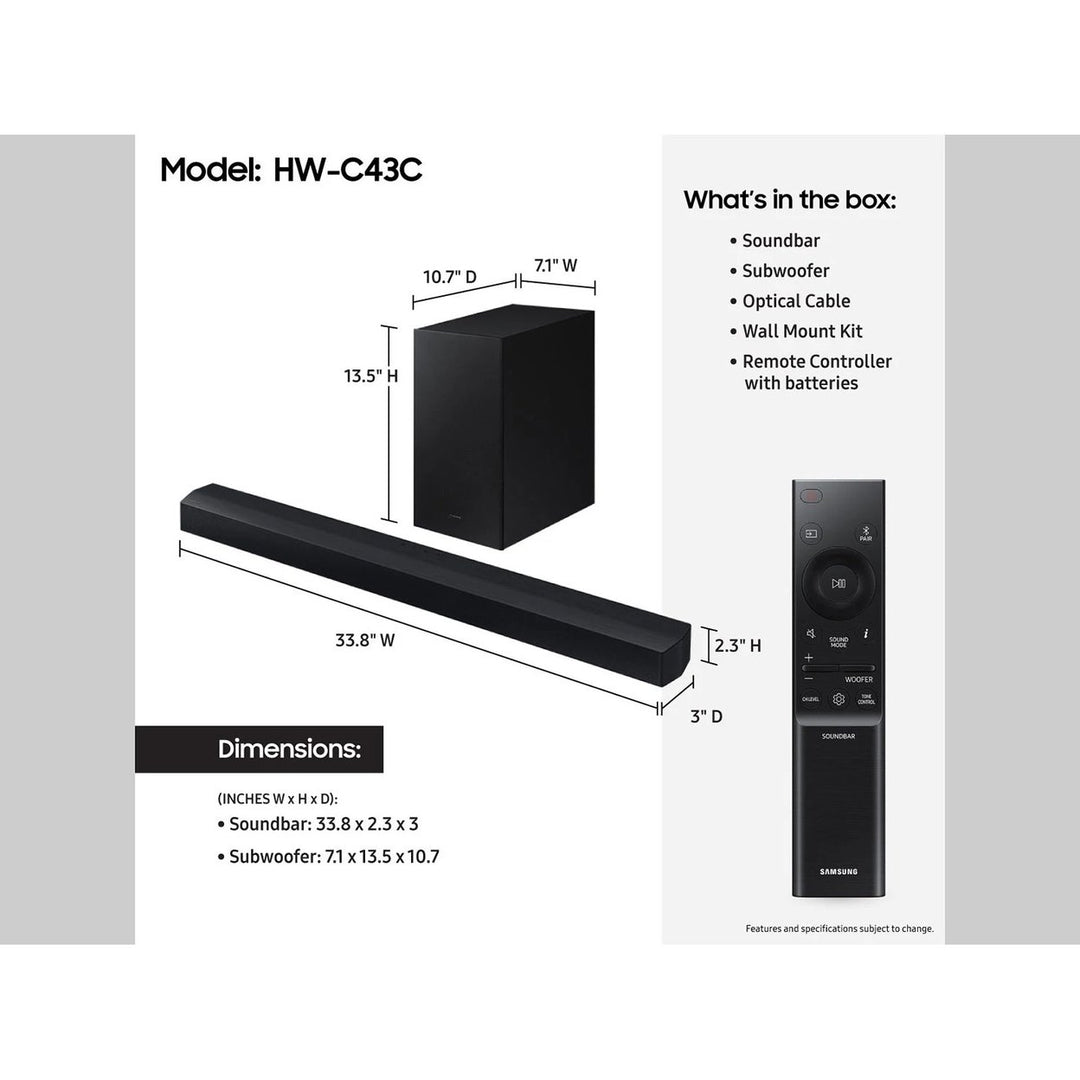 Samsung 2.1 Channel Sound Bar With Wireless Subwoofer and Dolby Audio HW-C43C Image 4