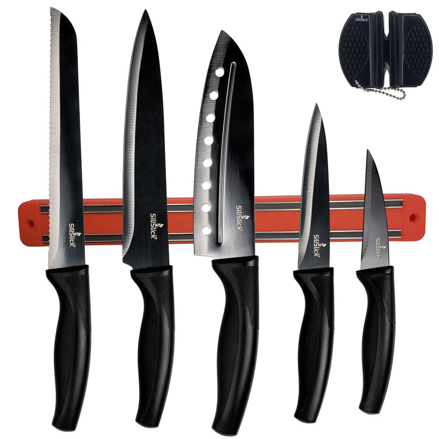 Kitchen Knife Set Kit | Black Handle, Black Blade & Red Magnetic Rack Image 1