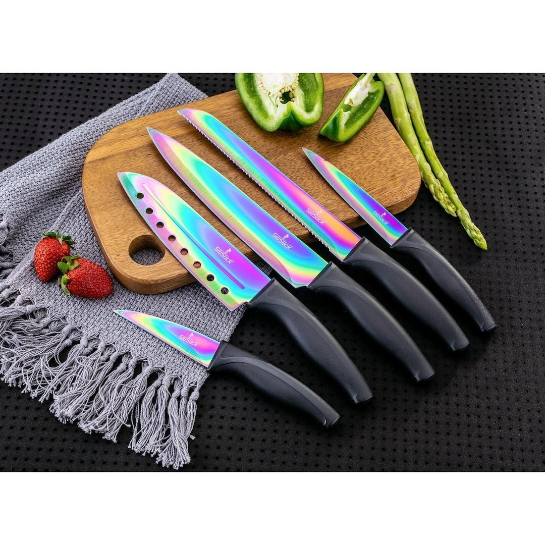 SiliSlick Stainless Steel Kitchen Knife Set Black Handle Titanium Coated 5 Piece Image 3