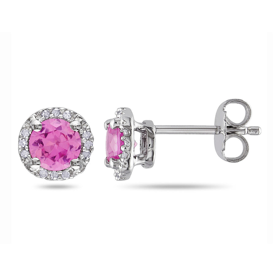 1.18 Carat (ctw) Lab-Created Pink Sapphire Solitaire Halo Earrings in Sterling Silver Image 1