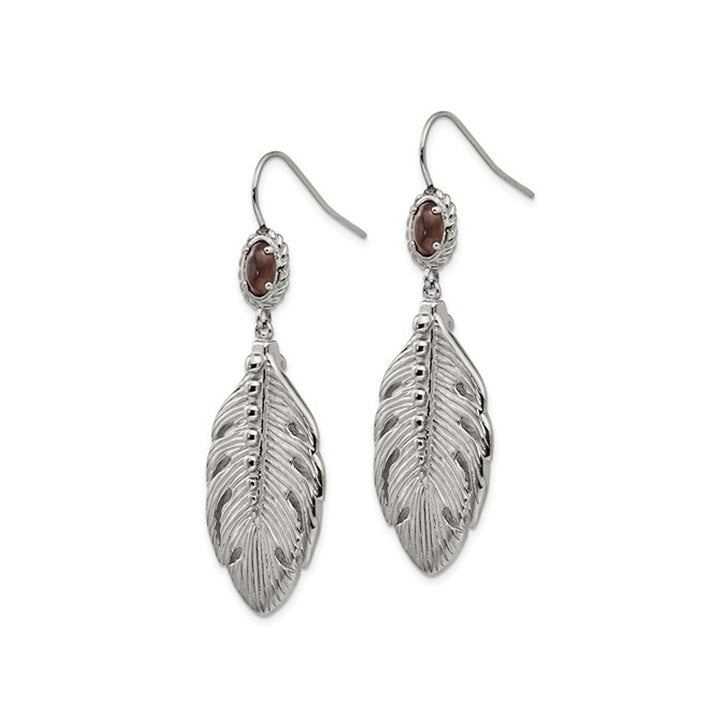 Stainless Steel Dangle Feather Earrings with Smoky Quartz Image 4