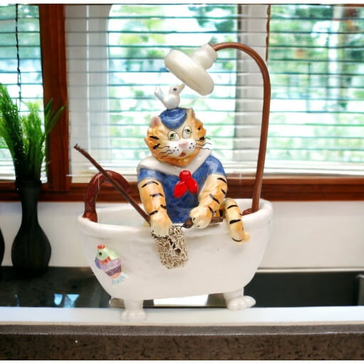 Ceramic Cat Cleaning Bathtub Figurine 7.1in Gift for Cat Image 1