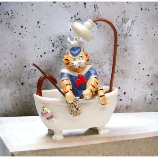 Ceramic Cat Cleaning Bathtub Figurine 7.1in Gift for Cat Image 2