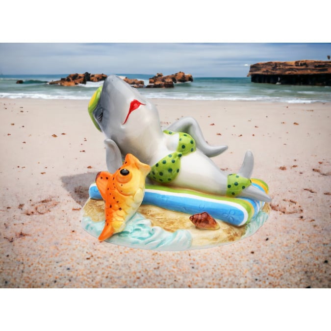 Ceramic Sunbathing Shark Figurine 3 3/8" Beach Decor Shark Image 1