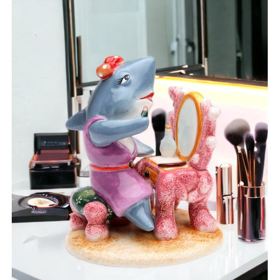 Ceramic Shark Putting on Makeup Figurine, Image 1