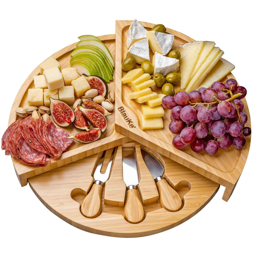 Bamboo Cheese Board and Knife Set - 14 Inch Swiveling Charcuterie Board with Slide-Out Drawer - Cheese Serving Image 1