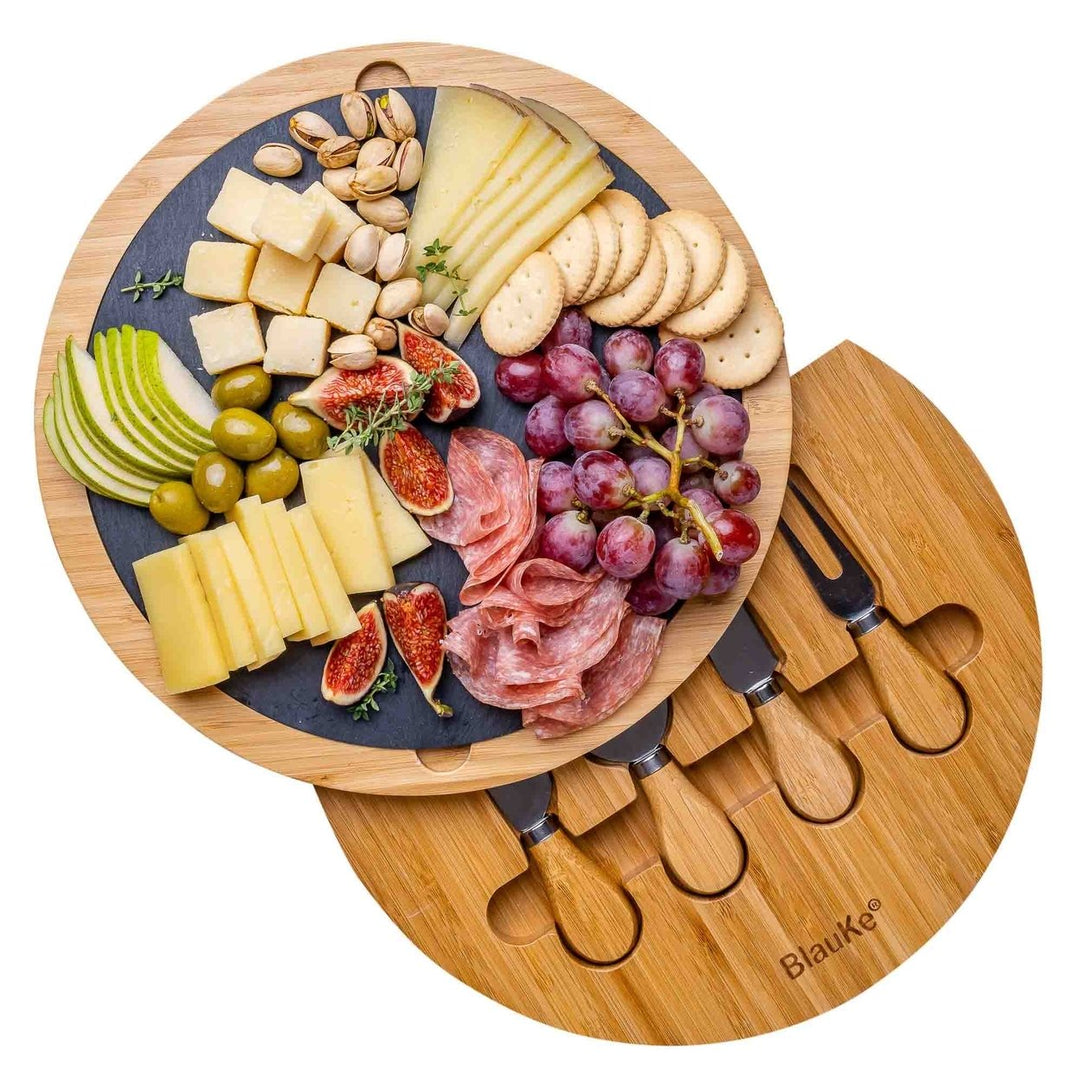 Bamboo Cheese Board with Knife Set Removable Slate 12 Inch Swiveling Charcuterie Image 1