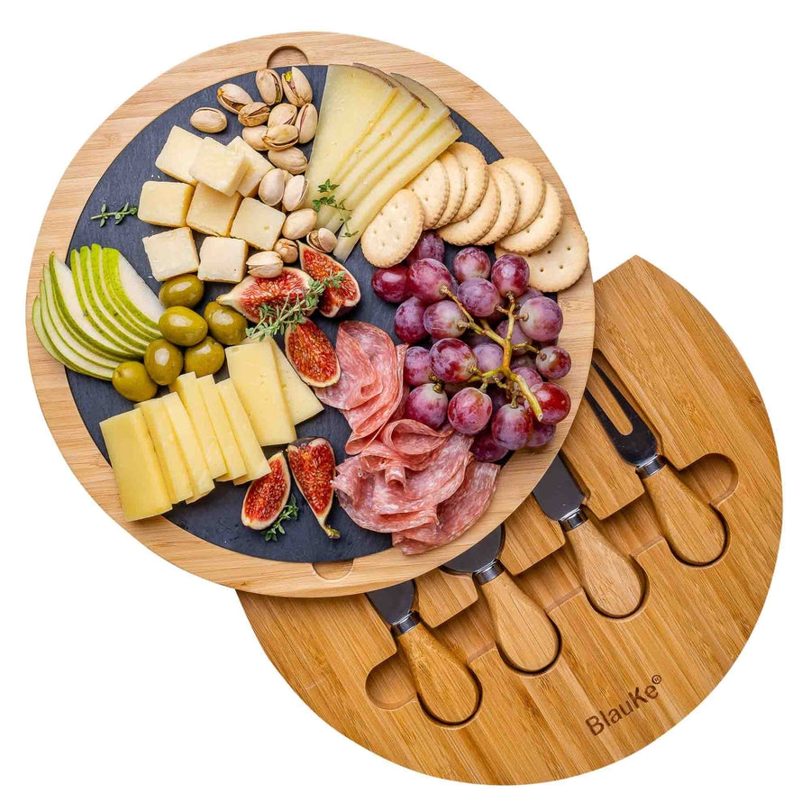 Round Bamboo Cheese Board with Knife Set and Removable Slate - 12 inch Swiveling Charcuterie Board Image 1