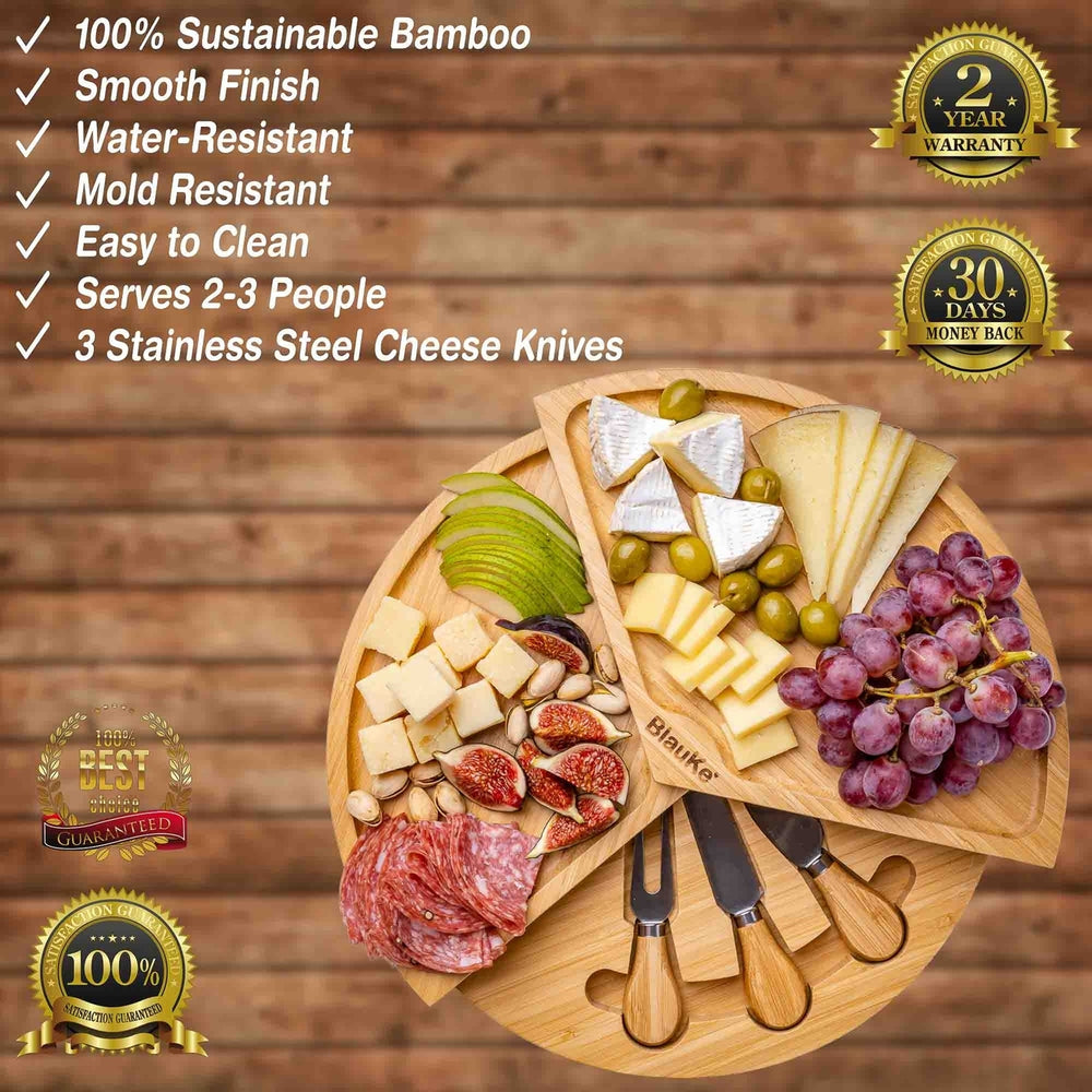 Bamboo Cheese Board and Knife Set - 14 Inch Swiveling Charcuterie Board with Slide-Out Drawer - Cheese Serving Image 2