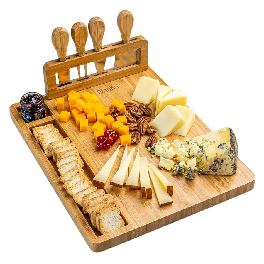 Bamboo Cheese Board and Knife Set - 14x11 inch Charcuterie Board with 4 Cheese Knives - Wood Serving Tray Image 1