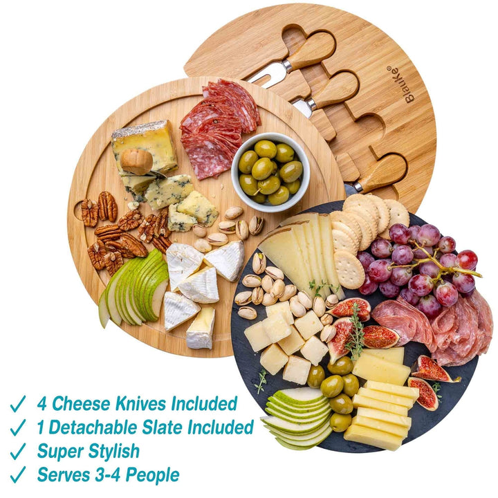 Bamboo Cheese Board with Knife Set Removable Slate 12 Inch Swiveling Charcuterie Image 10