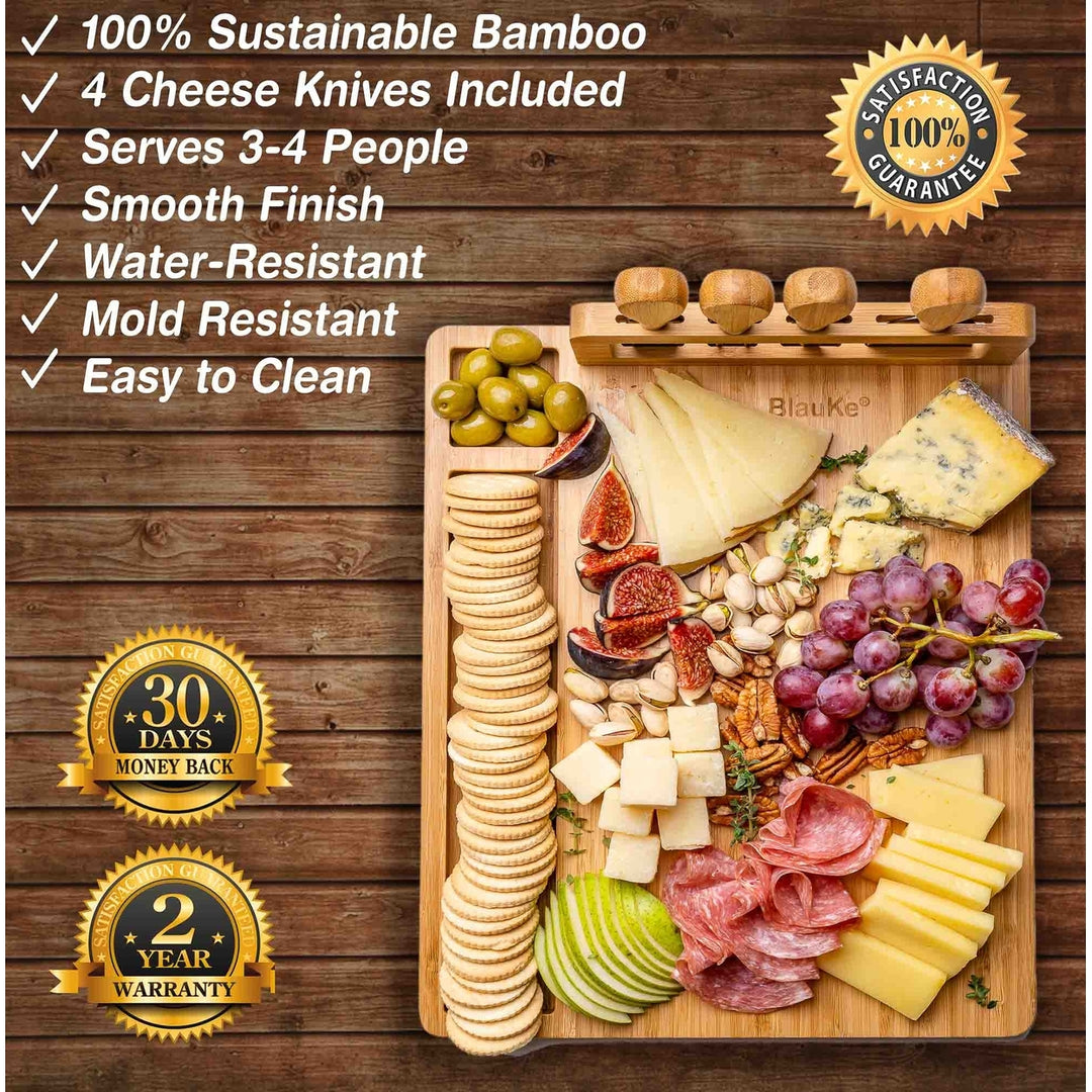 BlauKe Bamboo Cheese Board Set 14x11 inch Charcuterie Board with 4 Knives Image 2