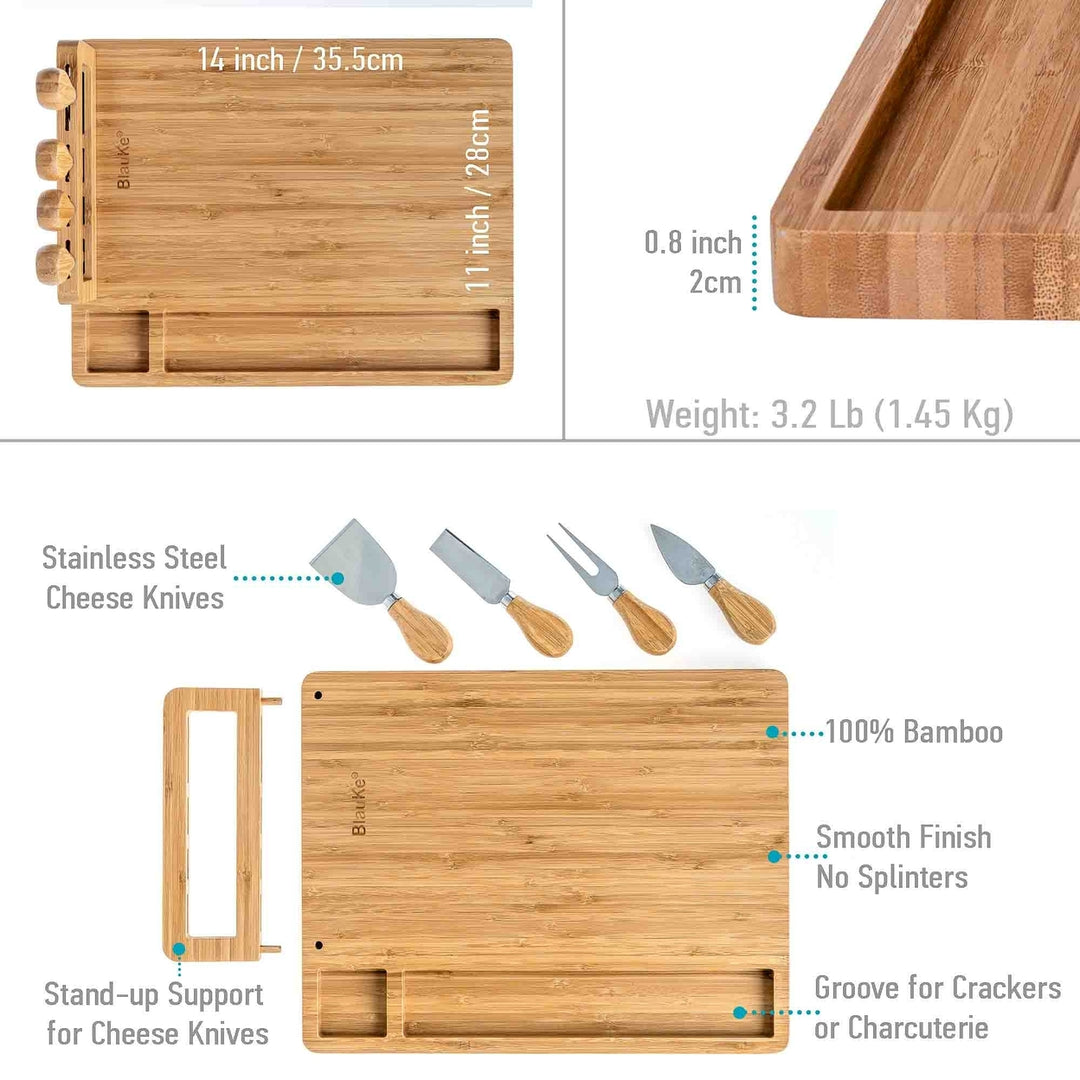 Bamboo Cheese Board and Knife Set - 14x11 inch Charcuterie Board with 4 Cheese Knives - Wood Serving Tray Image 3