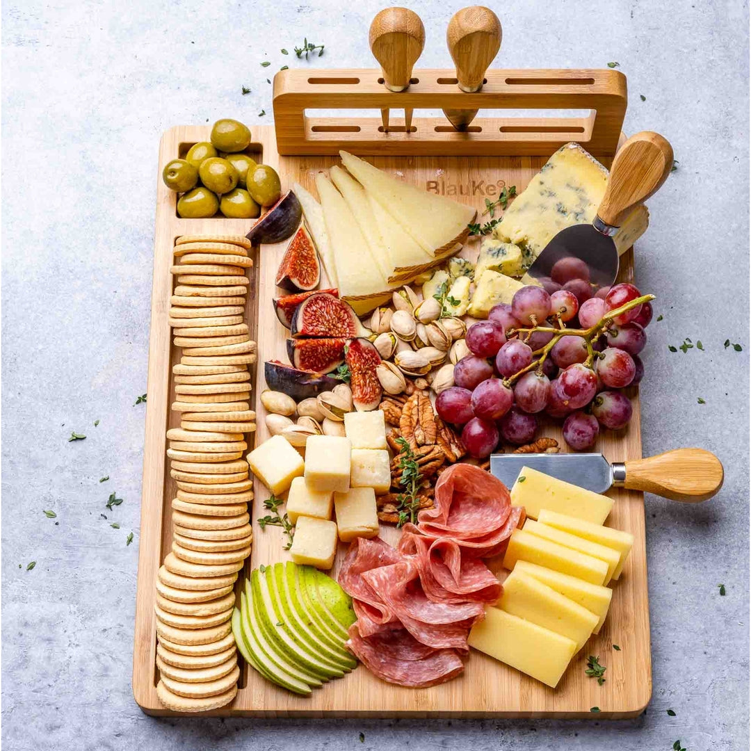 Bamboo Cheese Board and Knife Set - 14x11 inch Charcuterie Board with 4 Cheese Knives - Wood Serving Tray Image 7