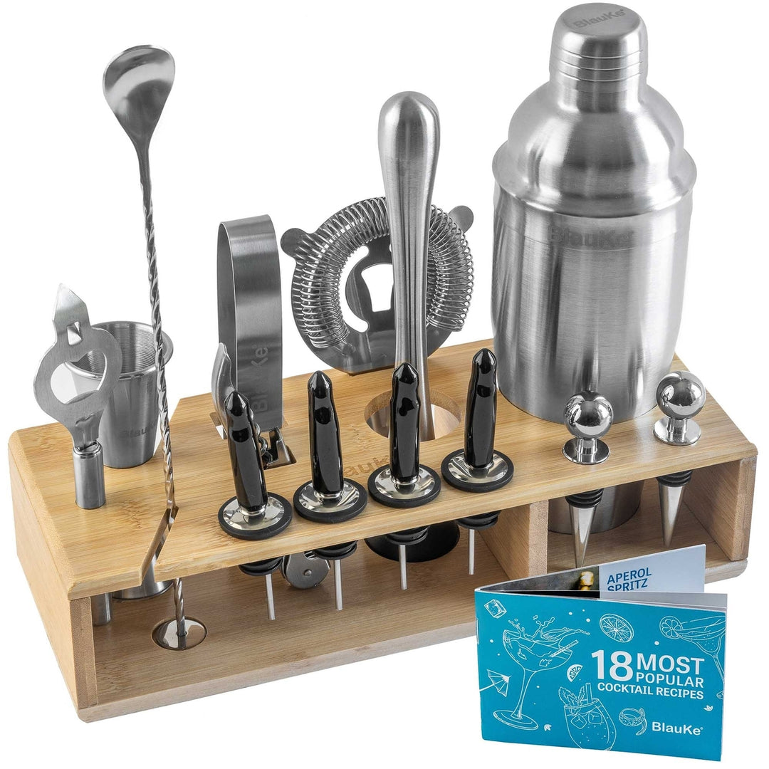 Stainless Steel Cocktail Shaker Set 17-Piece Mixology Bartender Kit Bamboo Stand Image 1