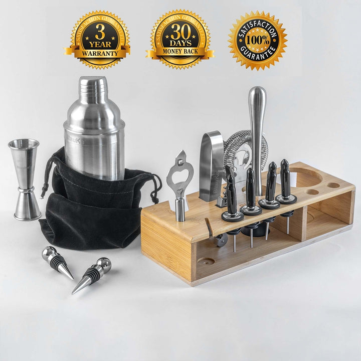 Stainless Steel Cocktail Shaker Set 17-Piece Mixology Bartender Kit Bamboo Stand Image 2