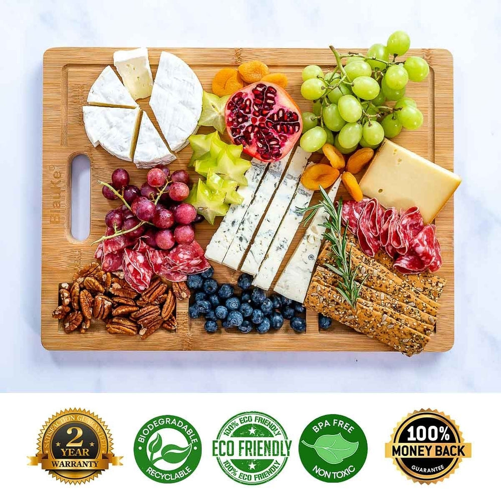 Large Bamboo Cutting Board - 17x12" Wood Cutting Board for MeatCheeseVeggies - Wood Serving Tray with Juice Groove and 3 Image 2