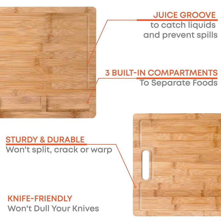 BlauKe Large Bamboo Cutting Board 17x12 Organic Wood with Juice Groove Compartments Image 7