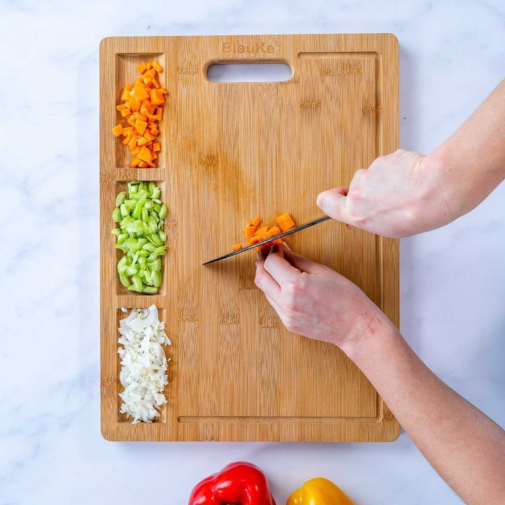 BlauKe Large Bamboo Cutting Board 17x12 Organic Wood with Juice Groove Compartments Image 8