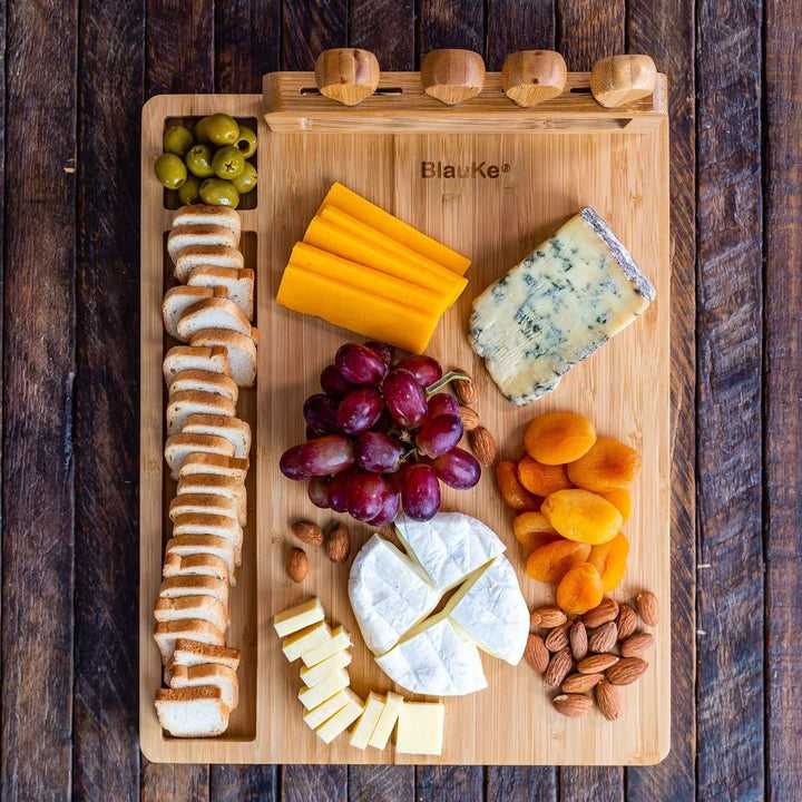 Bamboo Cheese Board and Knife Set - 14x11 inch Charcuterie Board with 4 Cheese Knives - Wood Serving Tray Image 9