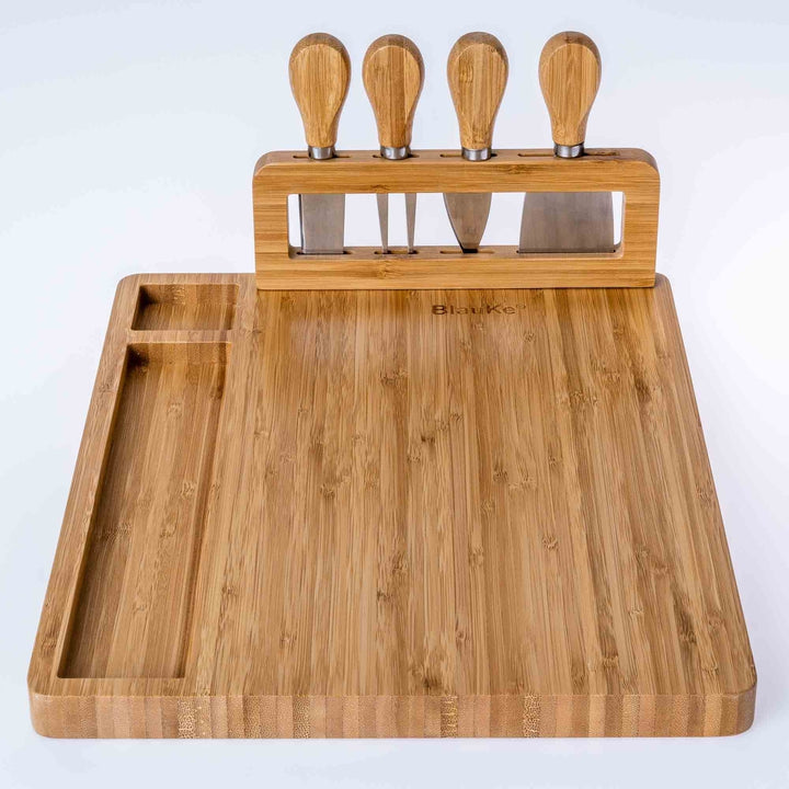 Bamboo Cheese Board and Knife Set - 14x11 inch Charcuterie Board with 4 Cheese Knives - Wood Serving Tray Image 11