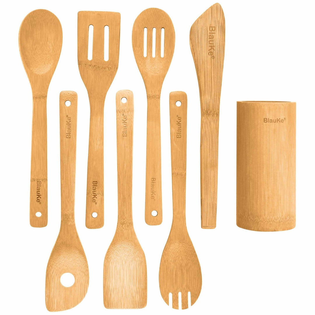 Bamboo Kitchen Utensils Set of 8 Wooden Cooking Tools Nonstick Cookware Holder Image 1