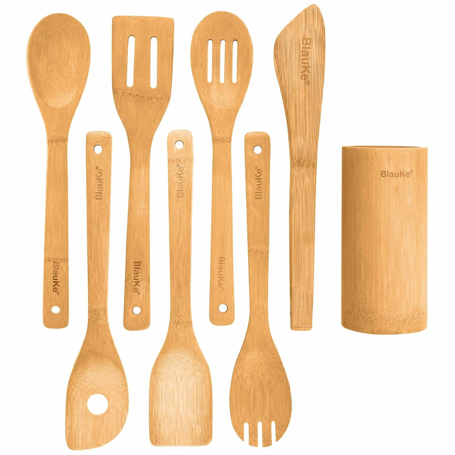 Bamboo Kitchen Utensils Set of 8 - Wooden Cooking Utensils for Nonstick Cookware - Wooden Cooking Image 1