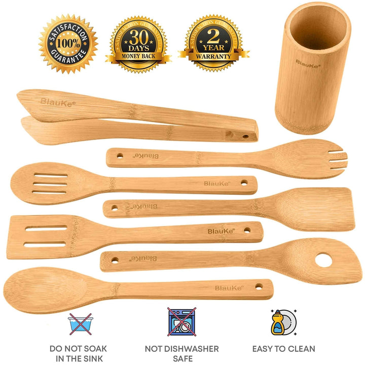 Bamboo Kitchen Utensils Set of 8 Wooden Cooking Tools Nonstick Cookware Holder Image 2