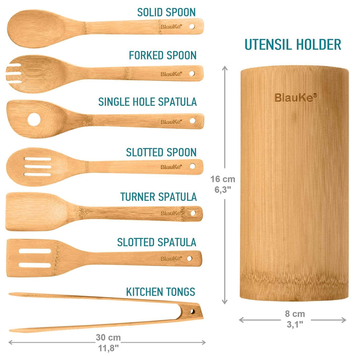 Bamboo Kitchen Utensils Set of 8 Wooden Cooking Tools Nonstick Cookware Holder Image 3