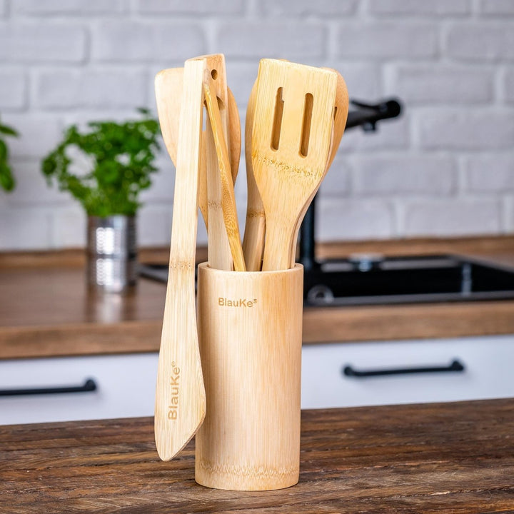 Bamboo Kitchen Utensils Set of 8 Wooden Cooking Tools Nonstick Cookware Holder Image 8