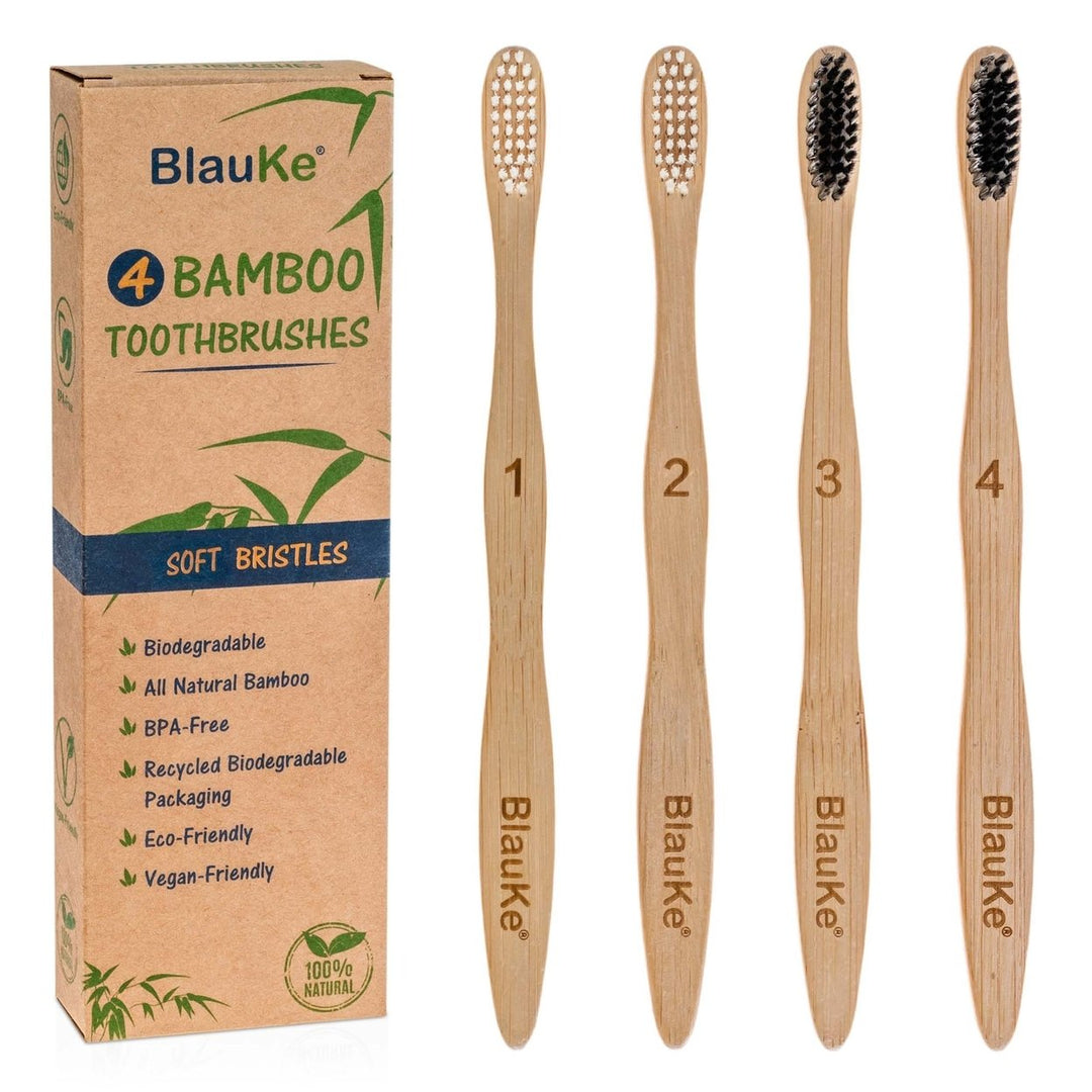 Bamboo Toothbrush Set 4-Pack Soft Bristles Eco-Friendly Biodegradable Wooden Image 1