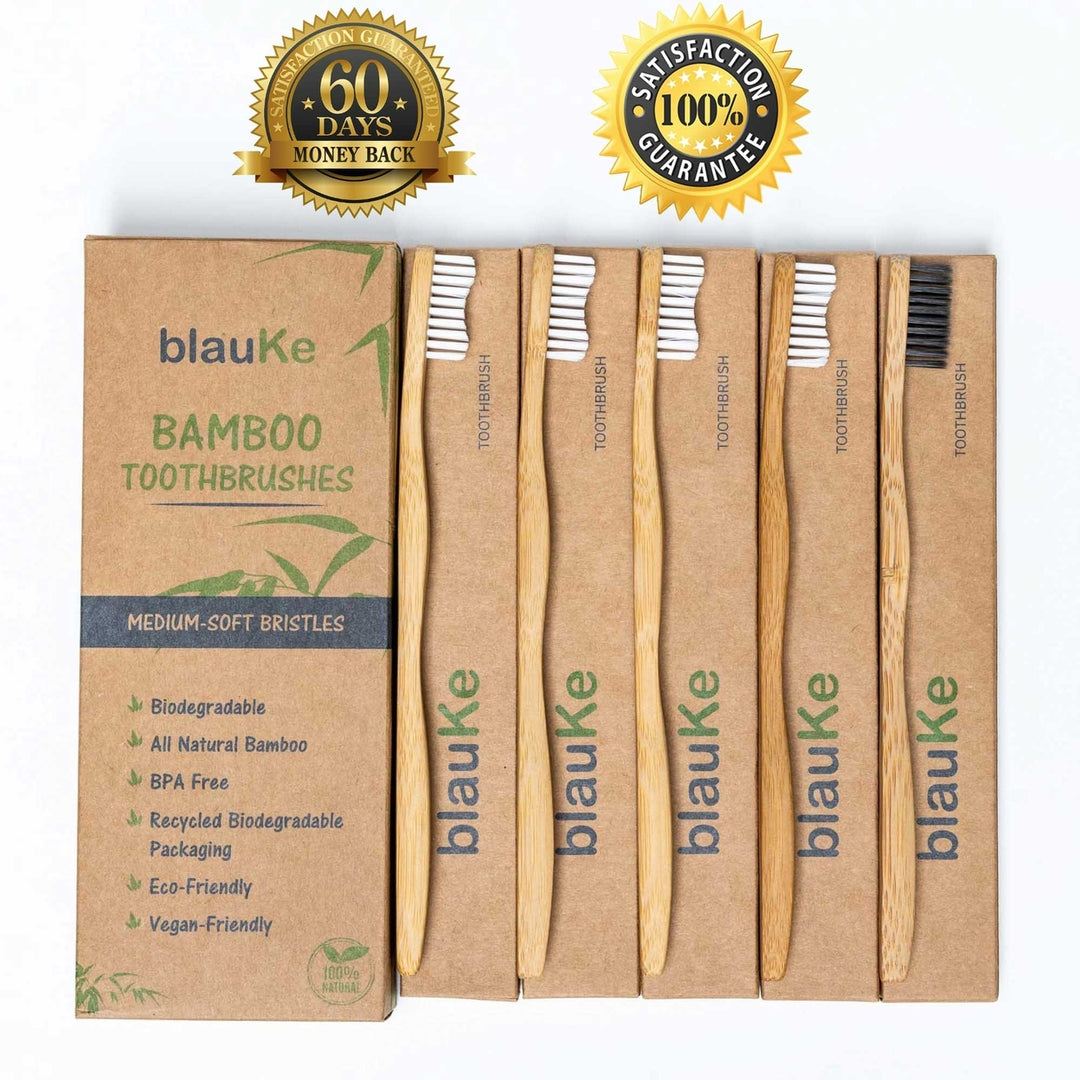 Bamboo Toothbrush Set of 5 Medium Bristles Eco-Friendly Biodegradable Charcoal Image 2