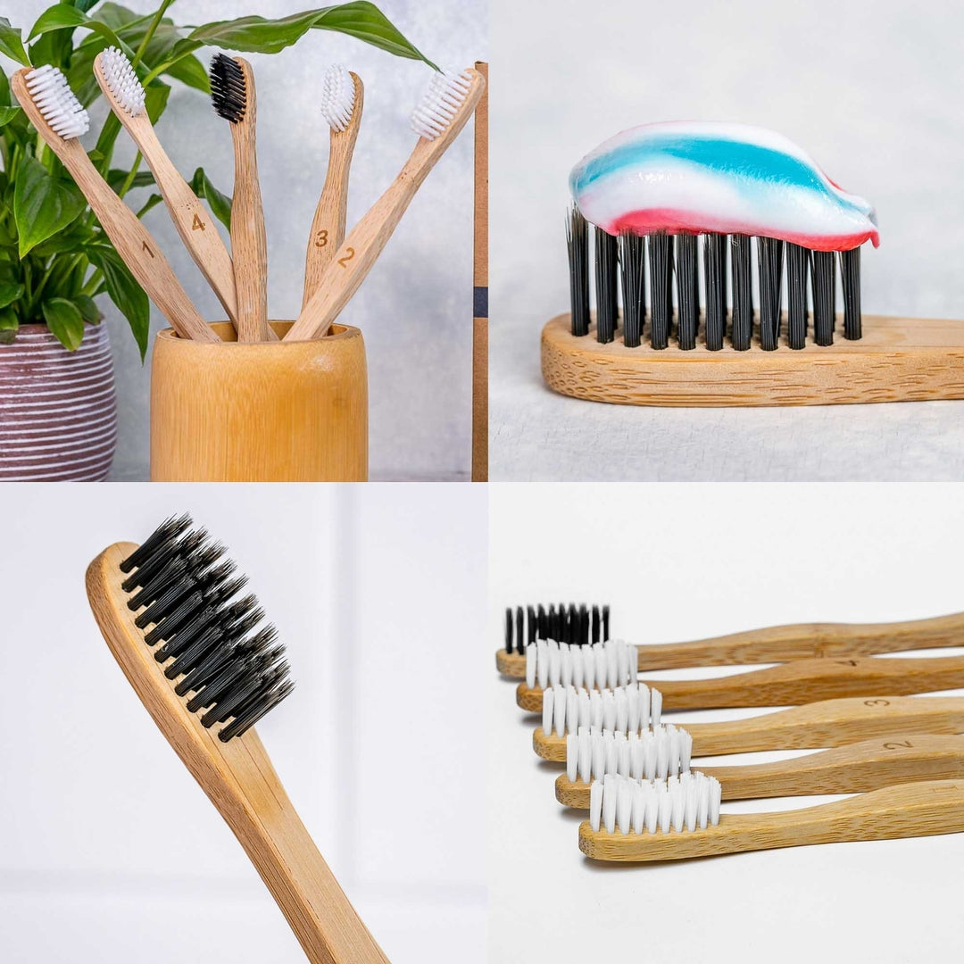 Bamboo Toothbrush Set of 5 Medium Bristles Eco-Friendly Biodegradable Charcoal Image 4