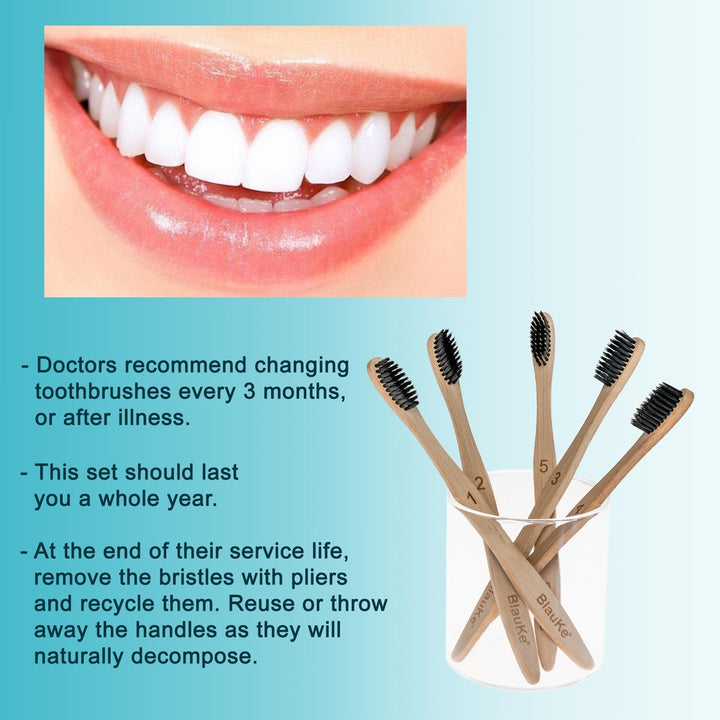 Bamboo Toothbrush Set 5-Pack Medium Bristles Charcoal Eco-Friendly Wooden Image 4