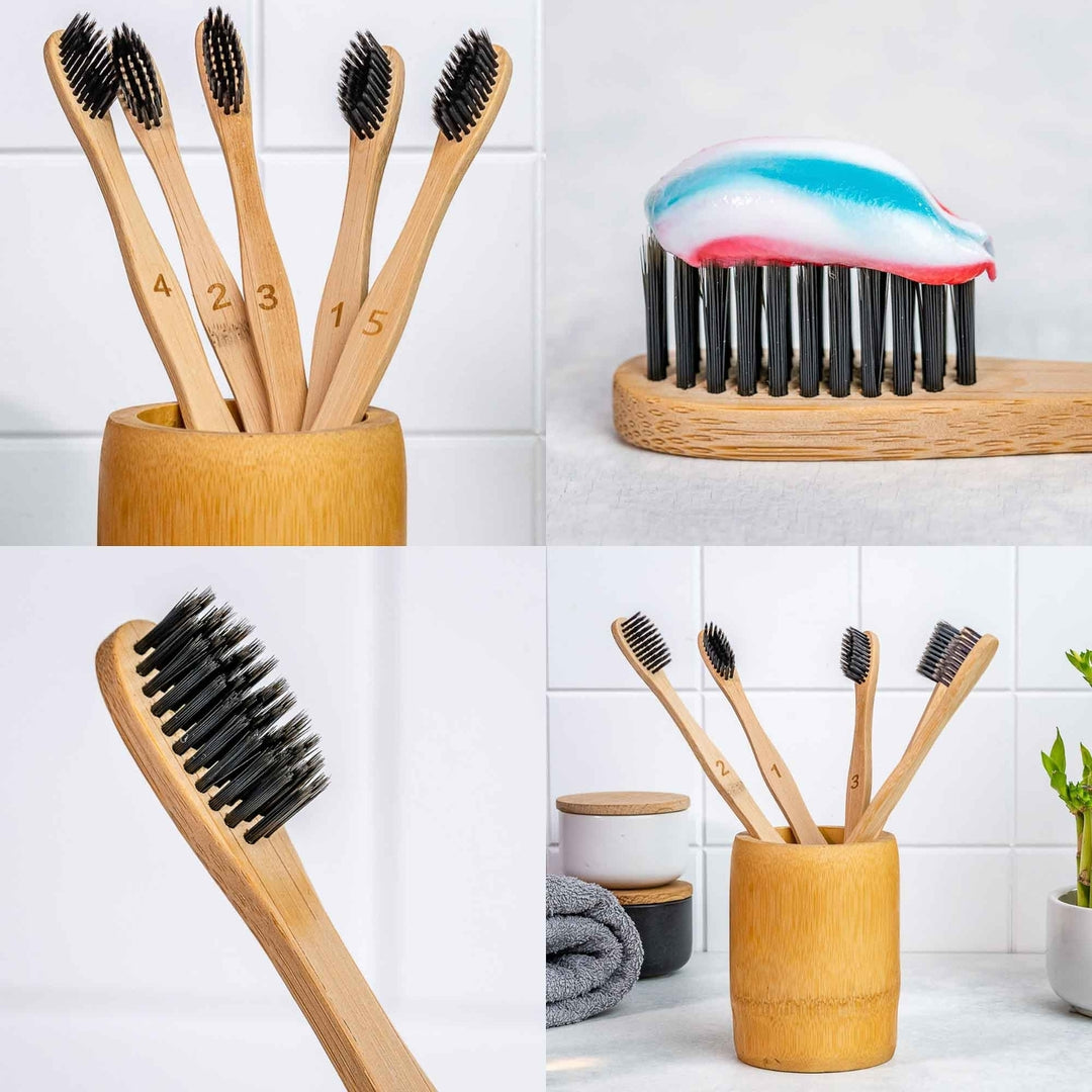 Bamboo Toothbrush Set 5-Pack - Bamboo Toothbrushes with Medium Bristles - Eco-Friendly Wooden Toothbrushes with Black Image 6