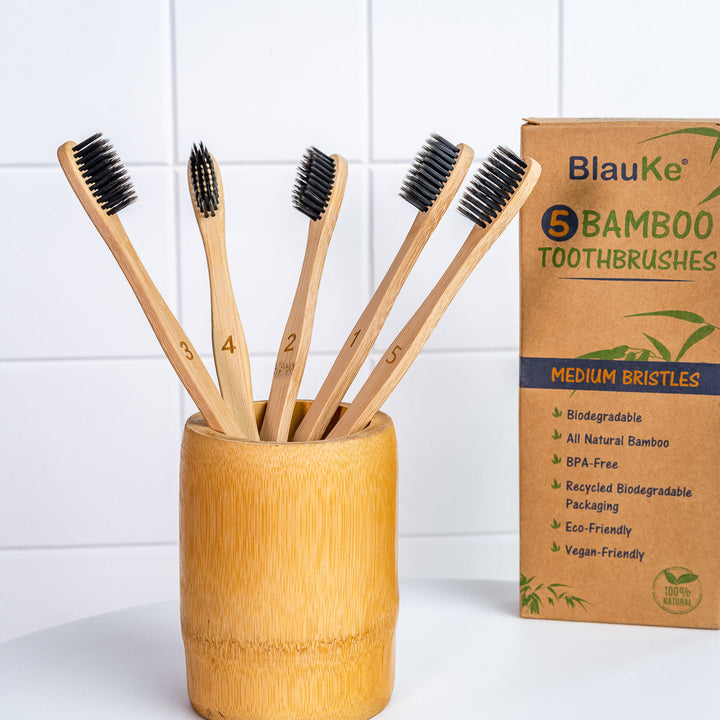 Bamboo Toothbrush Set 5-Pack - Bamboo Toothbrushes with Medium Bristles - Eco-Friendly Wooden Toothbrushes with Black Image 7