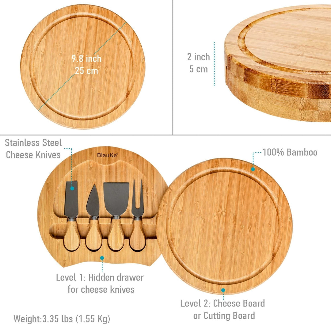 Bamboo Cheese Board and Knife Set 10 Inch Swiveling Charcuterie Tray Natural Image 3