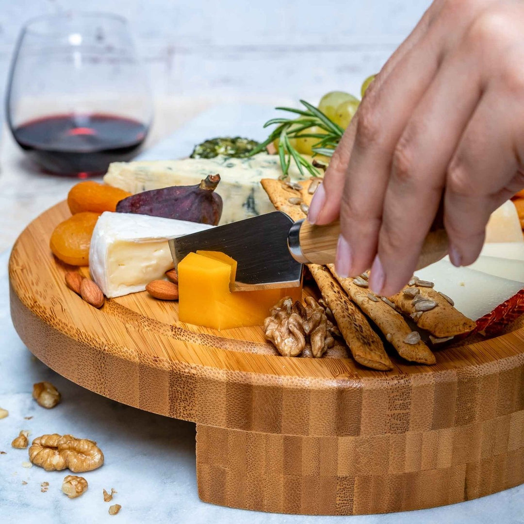 Bamboo Cheese Board and Knife Set 10 Inch Swiveling Charcuterie Tray Natural Image 9