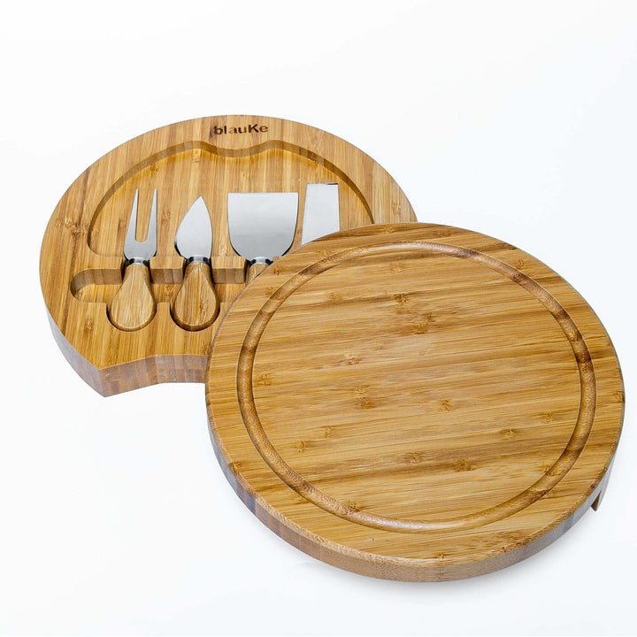 Bamboo Cheese Board and Knife Set 10 Inch Swiveling Charcuterie Tray Natural Image 10