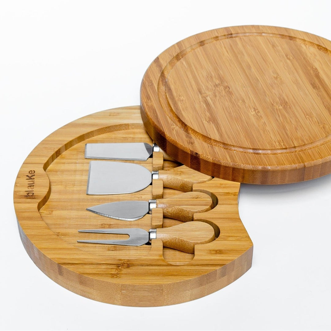 Bamboo Cheese Board and Knife Set 10 Inch Swiveling Charcuterie Tray Natural Image 11