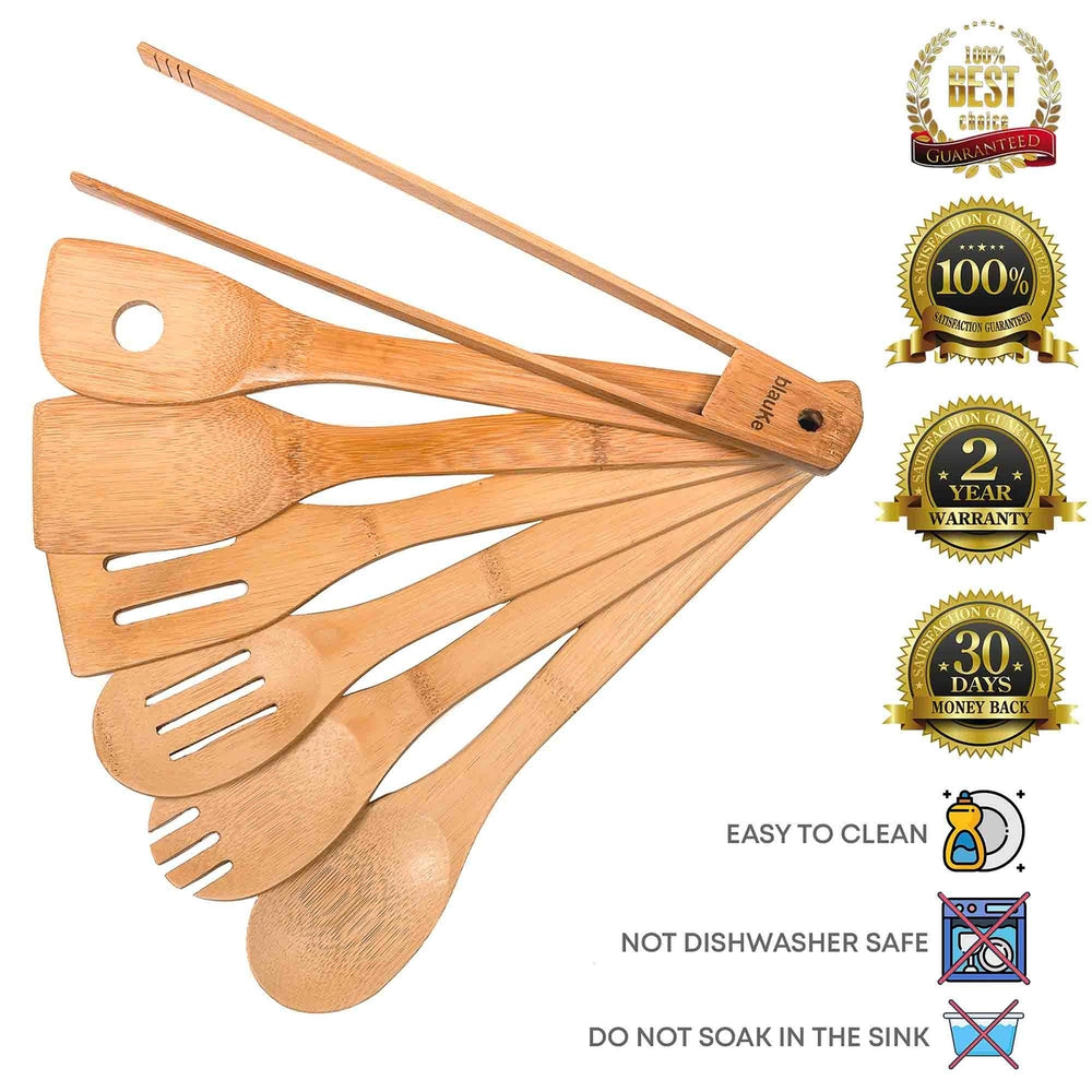 Wooden Spoons for Cooking 7-Pack - Bamboo Kitchen Utensils Set for Nonstick Cookware Image 2