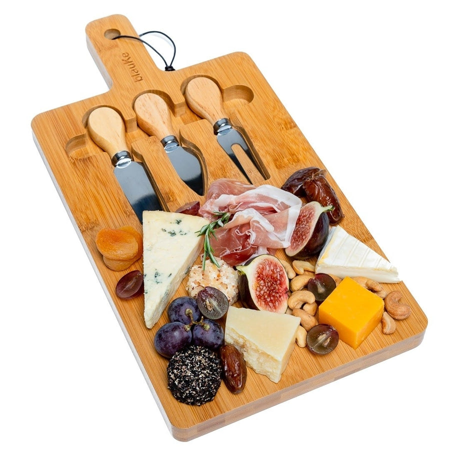 Bamboo Cheese Board and Knife Set - 12x8 inch Charcuterie Board with Magnetic Cutlery Storage - Wood Serving Tray with Image 1