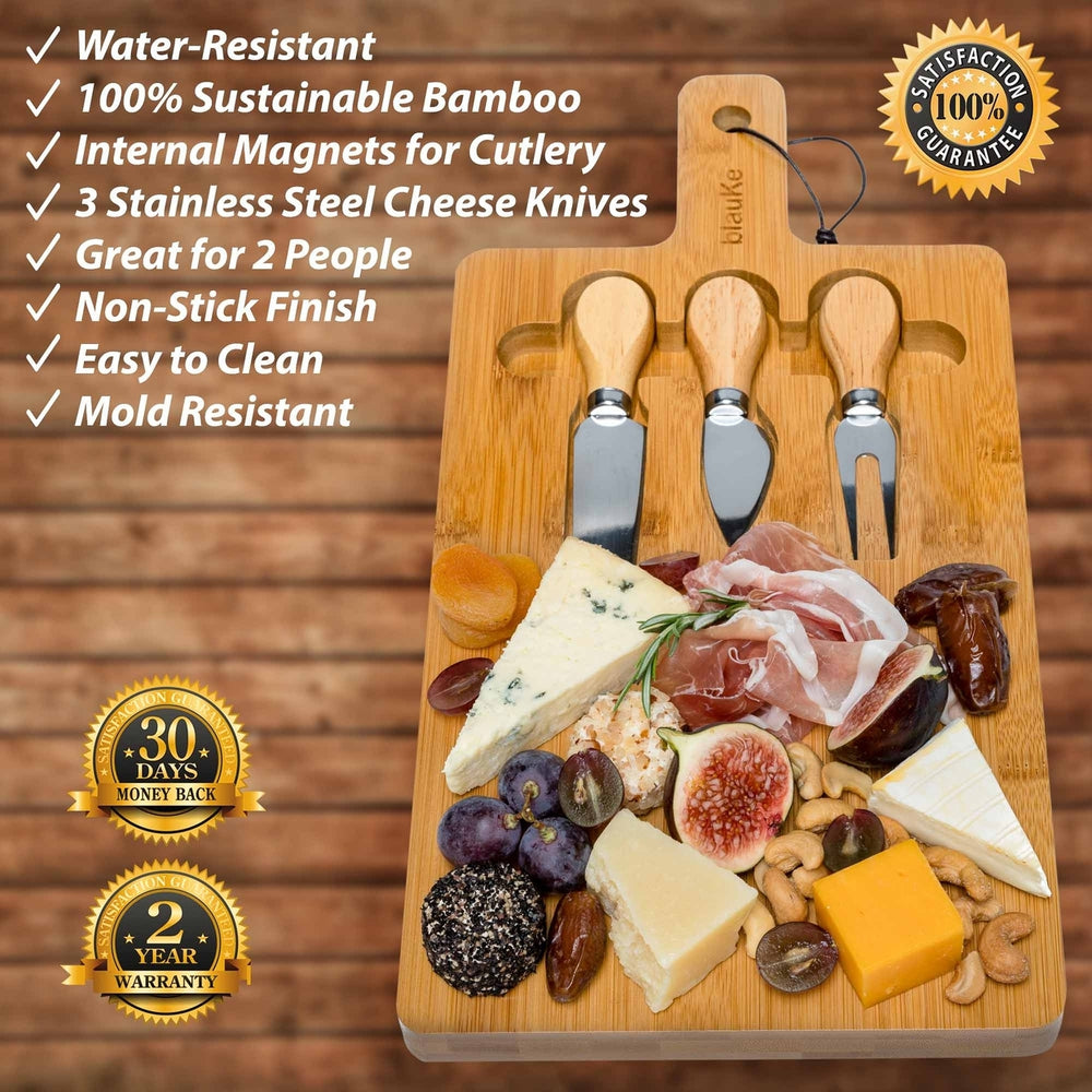 Bamboo Cheese Board and Knife Set - 12x8 inch Charcuterie Board with Magnetic Cutlery Storage - Wood Serving Tray with Image 2