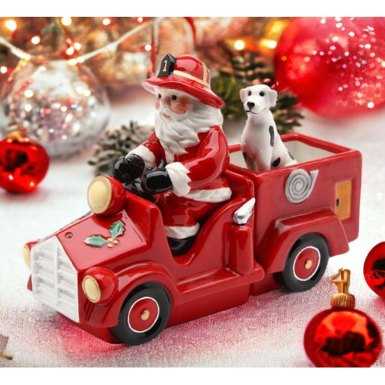 Ceramic Santa Firetruck Salt and Pepper Shakers Set of 3 Holiday Decor Gift Image 1