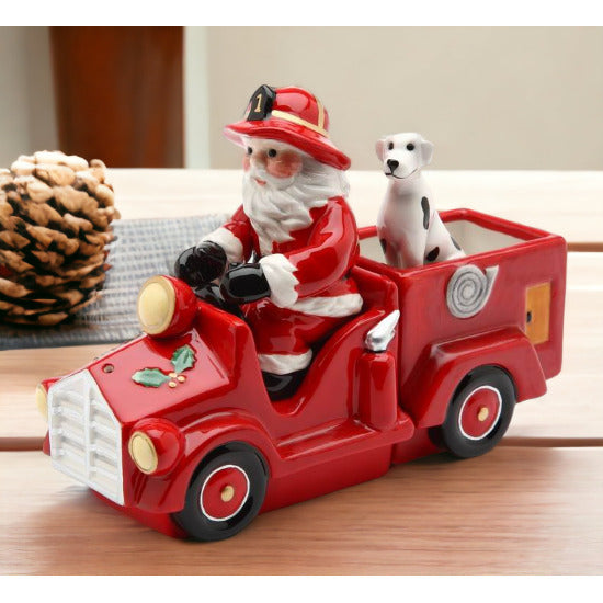 Ceramic Santa Firetruck Salt and Pepper Shakers Set of 3 Holiday Decor Gift Image 2