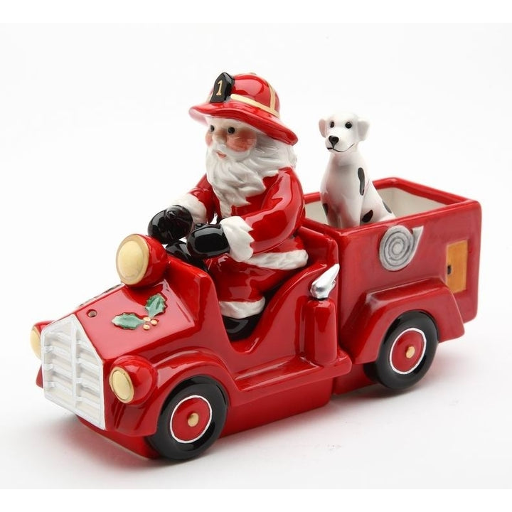 Ceramic Santa Firetruck Salt and Pepper Shakers Set of 3 Holiday Decor Gift Image 3