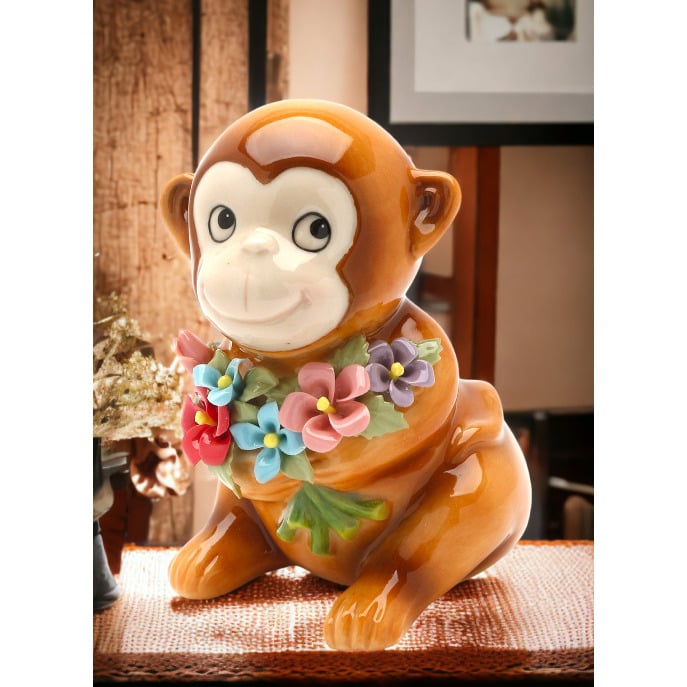 Ceramic Monkey Flowers Figurine  Daughter Nature Image 1